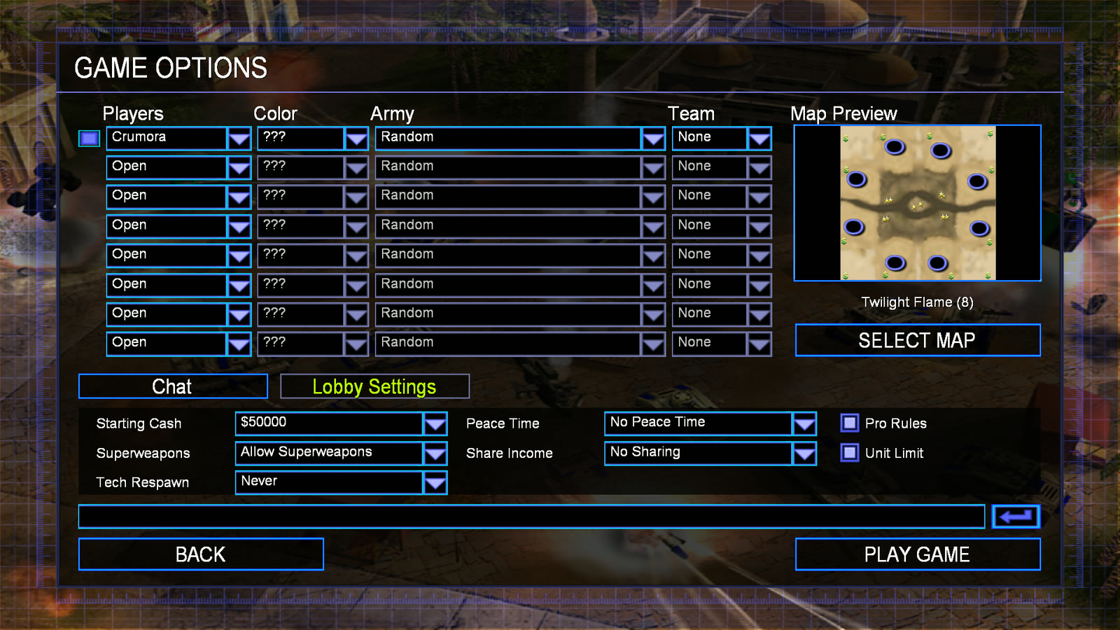 The LAN room's Lobby Settings page