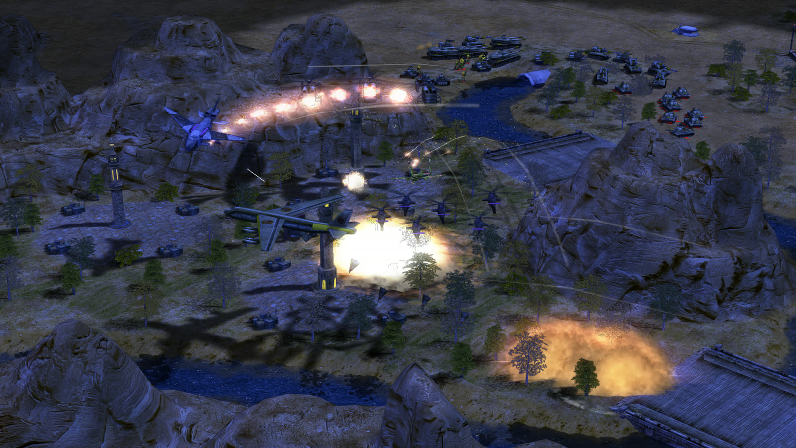 A night fight on Dark Night, burning ground lighting the grass under blue moonlight