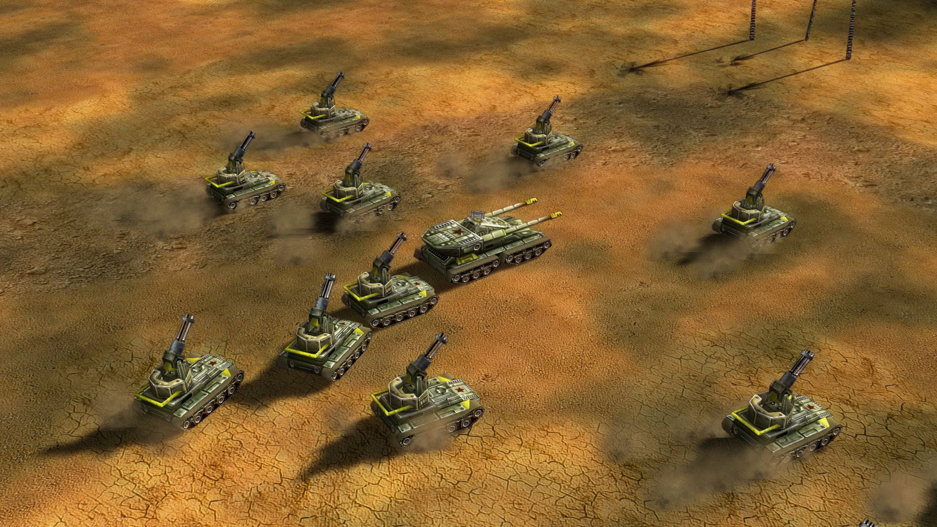 Twelve Gattling tanks sent after a slower Overlord spread out and pass it on both sides